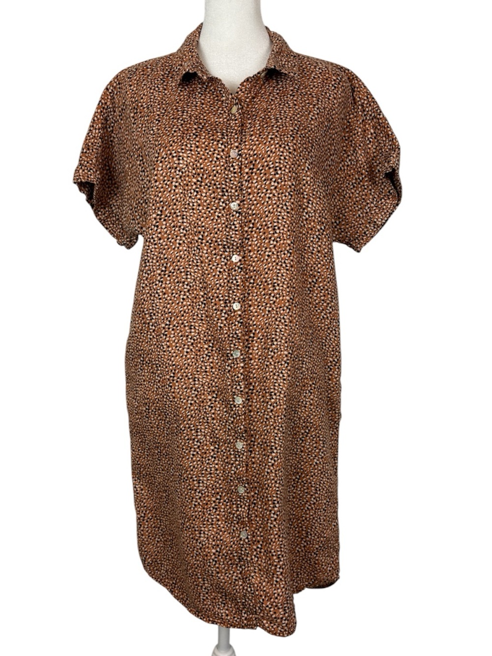 Tahari 100% linen animal polka dot print button-up shirt dress size Large